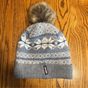 Gray and Blue Knit Beanie with Pom Pom